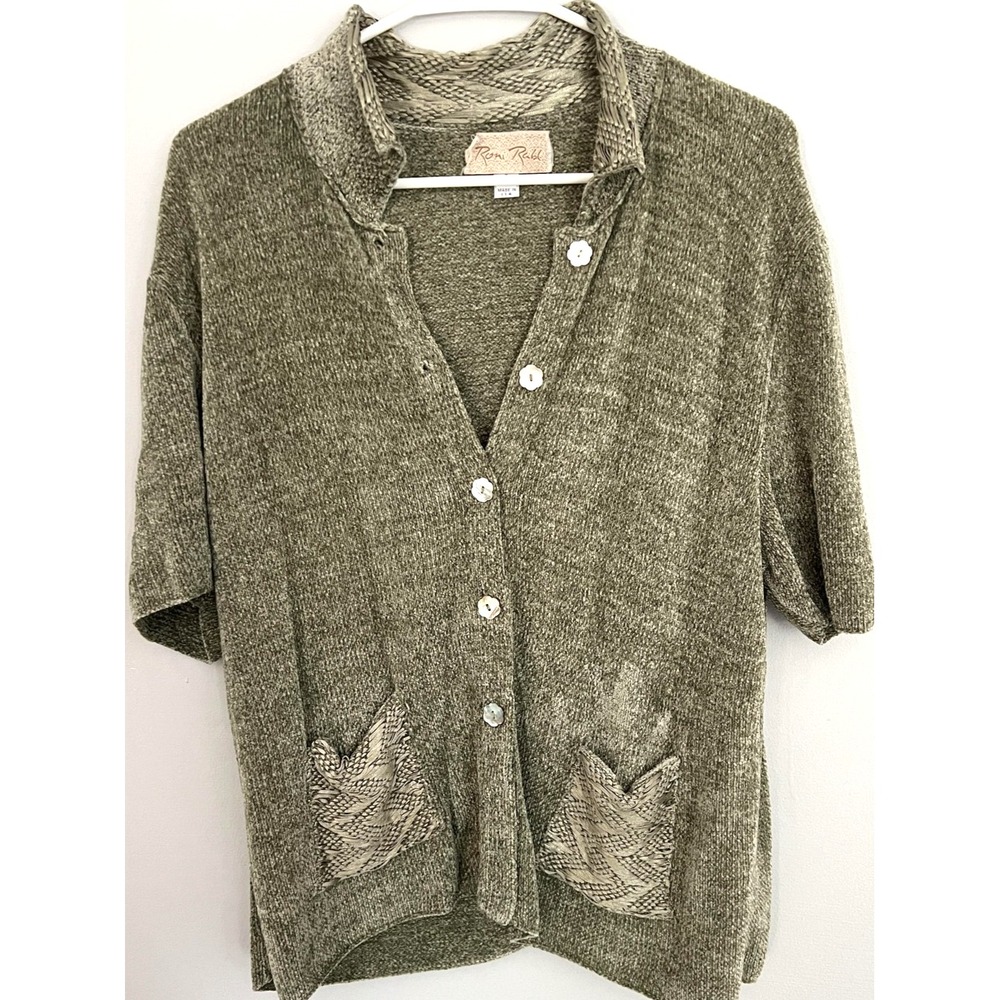 Rena Ribal Cardigan Sweater Women L Short Sleeve Knit Button Up Woven Pocket USA